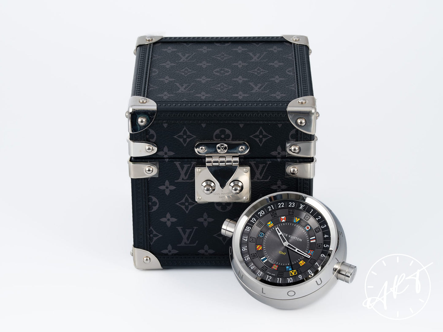 Louis Vuitton Tambour Monogram Eclipse Trunk Table Clock Q1Q030 w/ Box