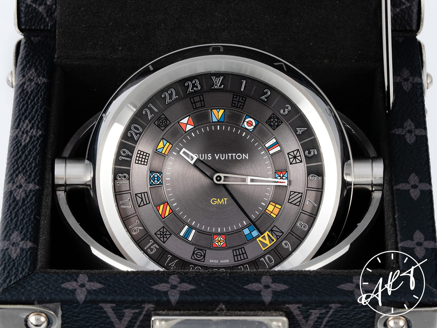 Louis Vuitton Tambour Monogram Eclipse Trunk Table Clock Q1Q030 w/ Box