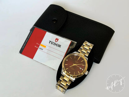 NEW Tudor Classic Date Bordeaux Dial Two-Tone 18K Gold & SS Watch 12513 w/ Paper