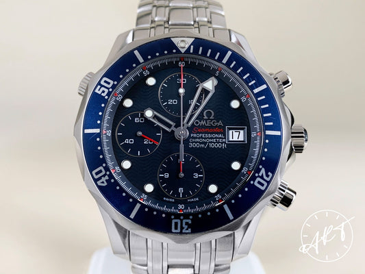 Omega Seamaster 300 Chronograph Blue Dial SS Auto Diver Watch 2225.80.00 w/ B&P