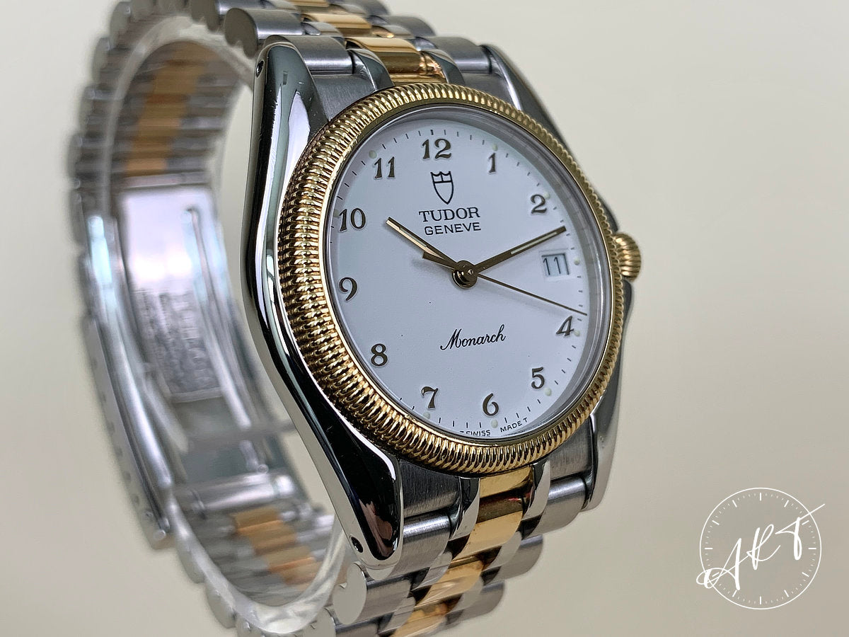 1991 Tudor Monarch White Dial Two-Tone Gold & SS Quartz Watch 15733 w/ Paper