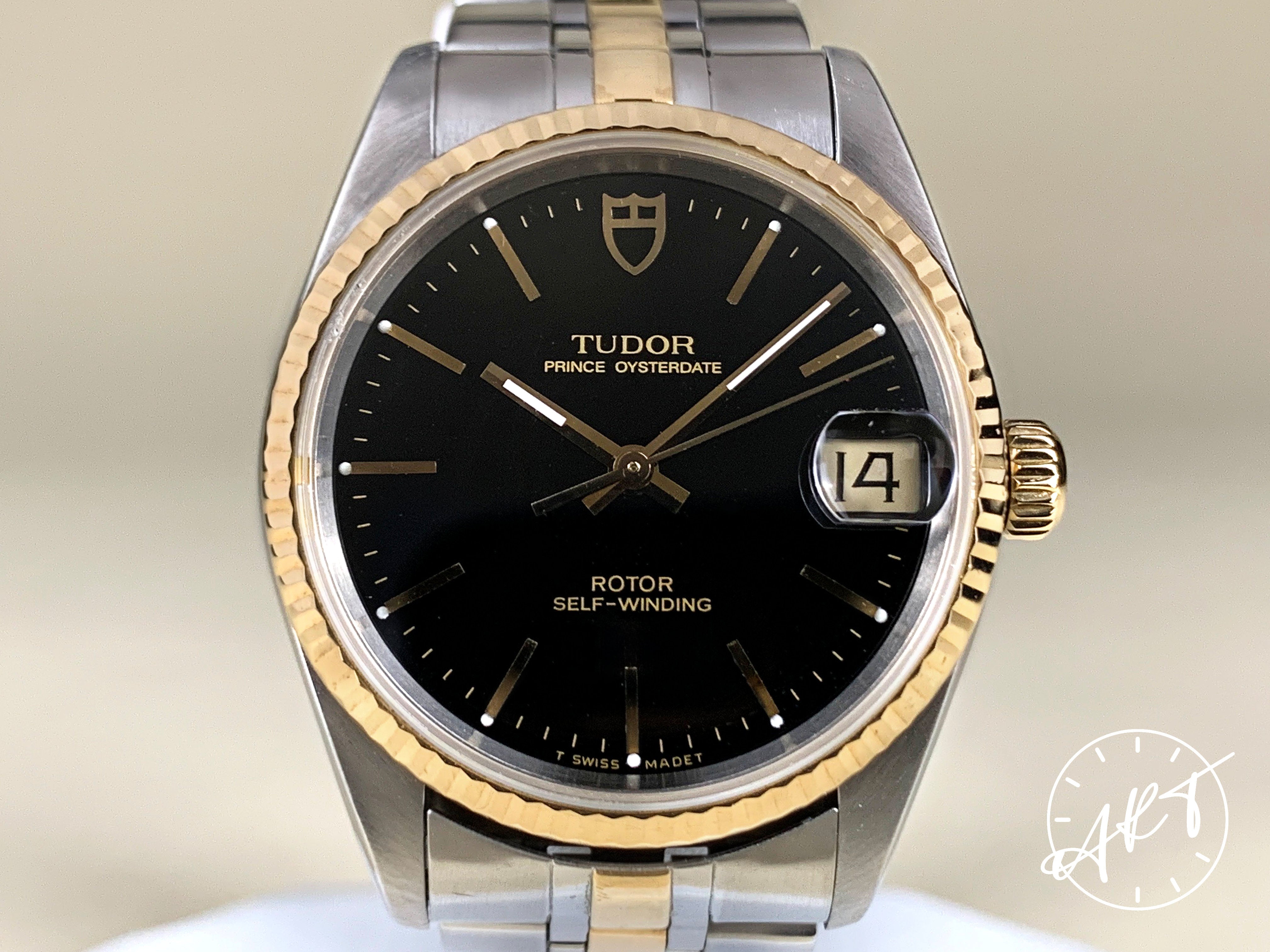 Tudor Prince OysterDate Gold Bezel Black T Dial 18K Gold SS Ladies W ART Watches