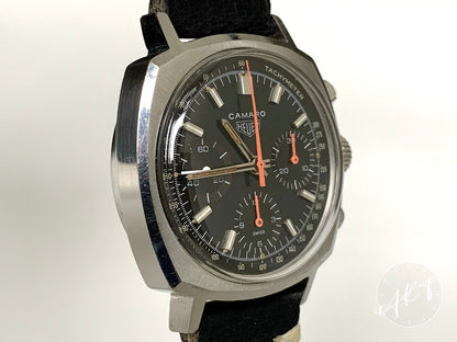 Vintage Heuer Camaro Chronograph Black Exotic Dial SS Manual Watch 73643 NT