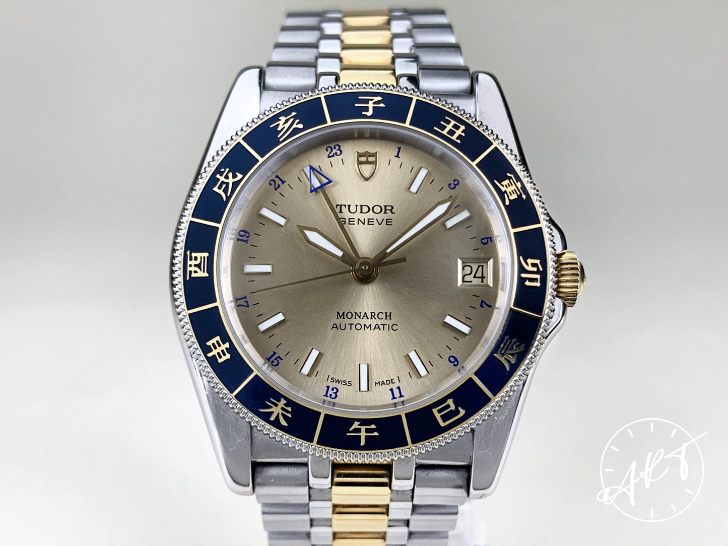 Tudor Monarch Chinese Zodiac Bezel Champagne Dial 18K Gold & SS Watch 38183 BP