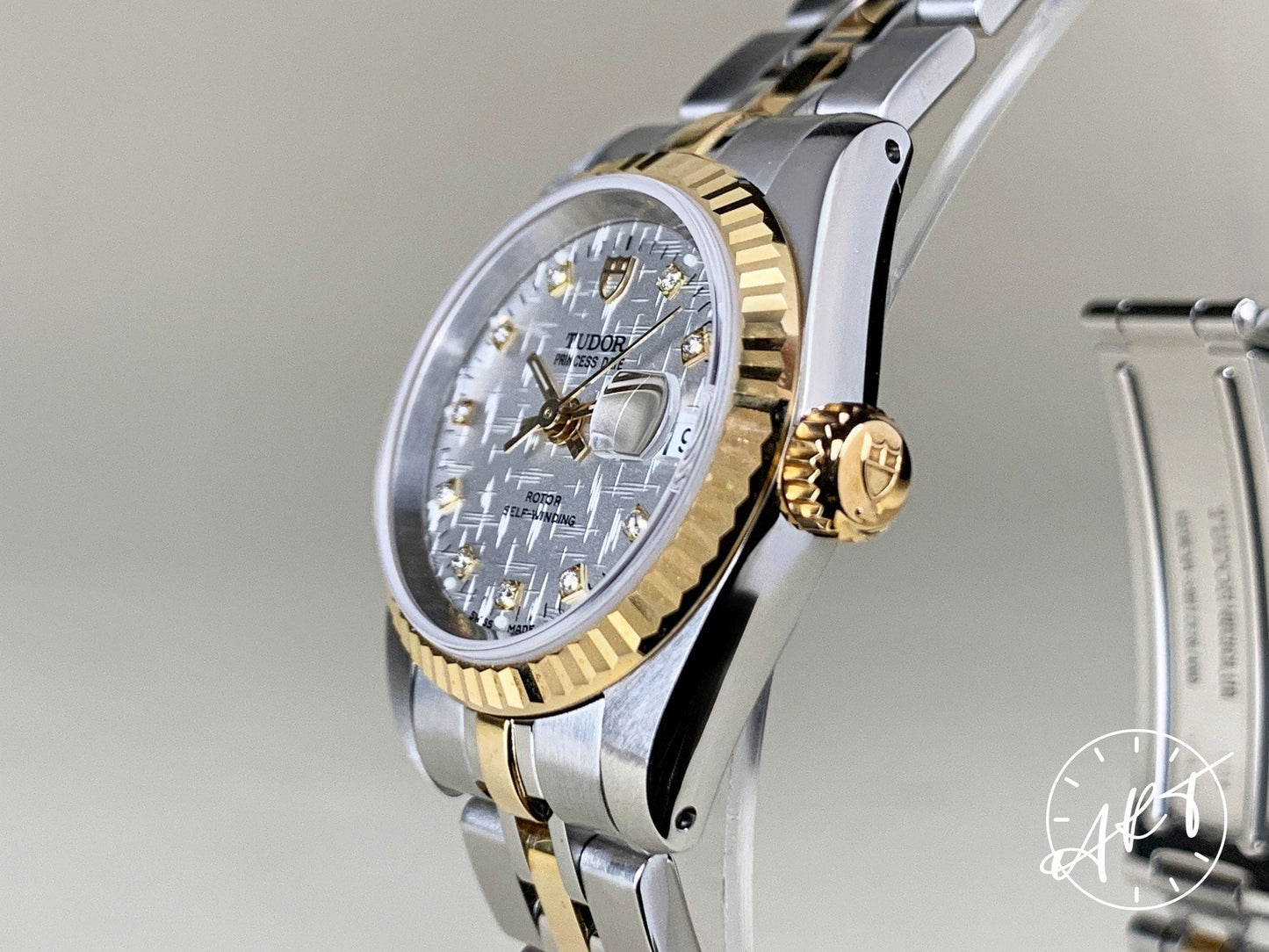 NEW Tudor Princess OysterDate Linen Diamond Dial 18K Gold & SS Watch 92413 BP