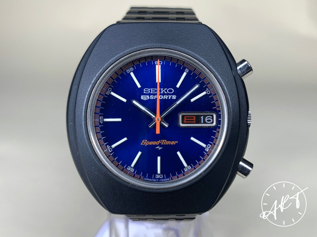 NOS Vintage Seiko Speedtimer Blue Dial PVD SS Auto JDM Watch 7017-7000 w/ Box
