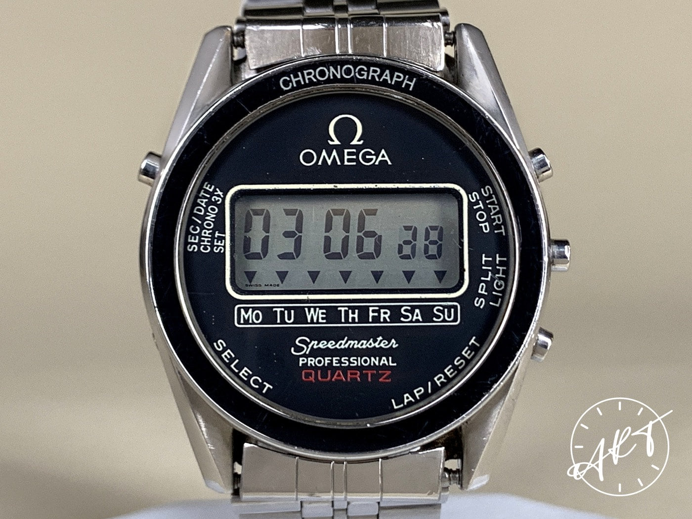 Vintage Omega Speedmaster Chronograph GMT Black Dial SS Quartz Watch 186.0004