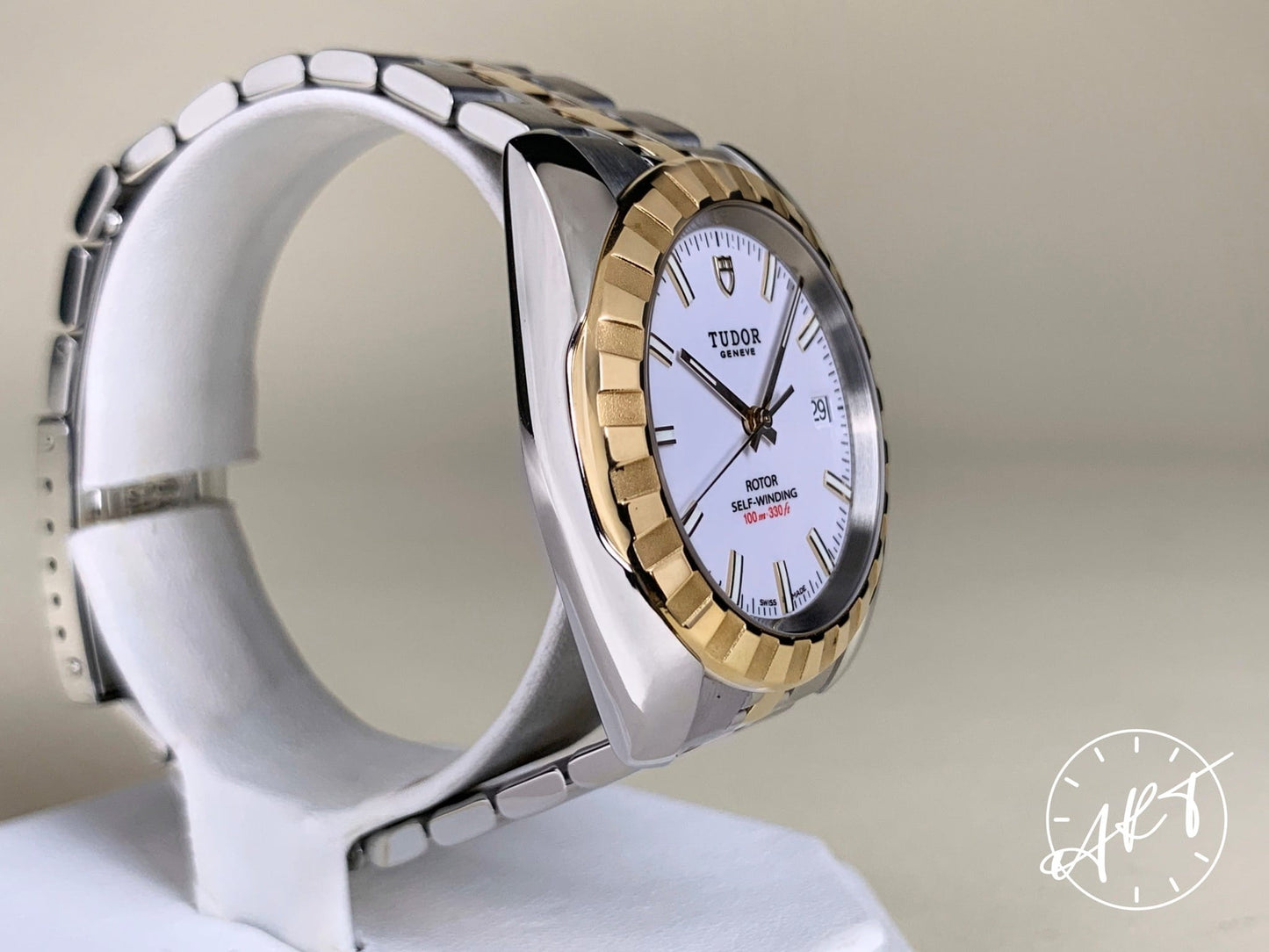 Tudor Classic Date Gold Bezel White Dial 18K Gold & SS Watch 21013 w/ Paper