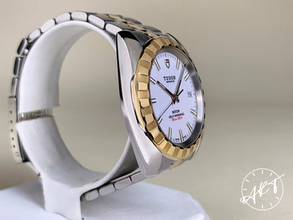 Tudor Classic Date Gold Bezel White Dial 18K Gold & SS Watch 21013 w/ Paper