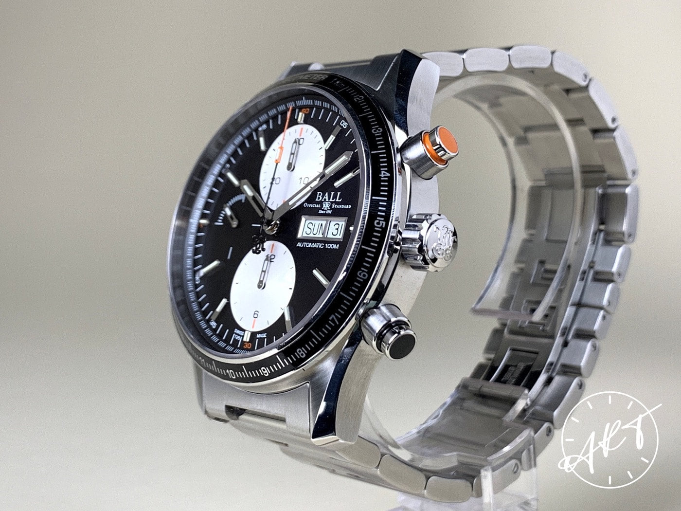 Ball Fireman Storm Chaser Pro Chrono Reverse Panda Dial SS Watch w/ Paper