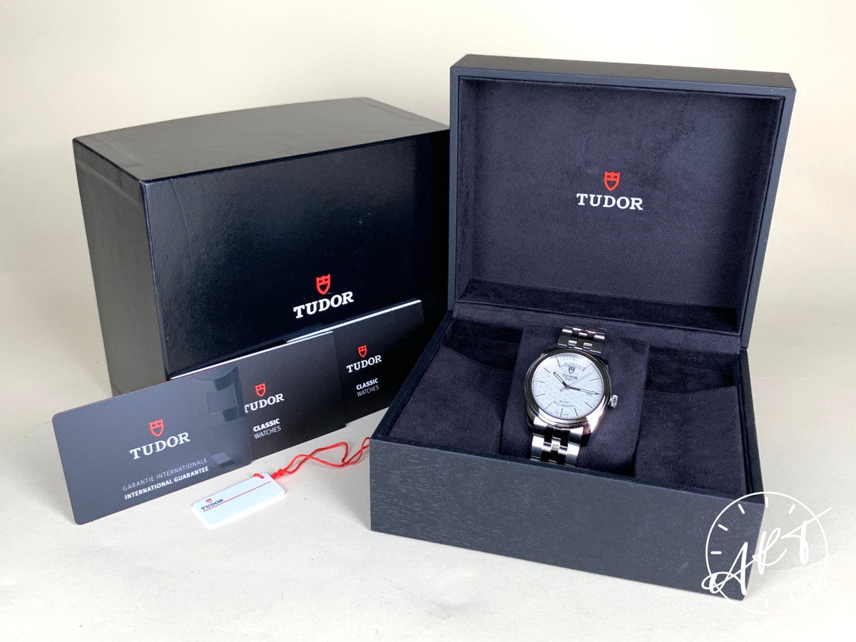 NEW Tudor Glamour Day-Date Silver Jacquard Dial SS Auto Watch 56000-0003 w/ B&P