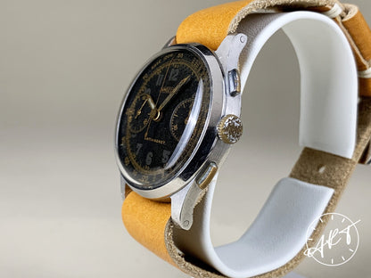 Vintage 1940s Angelus WWII Chronograph Black Gilt Dial SS Manual Military Watch