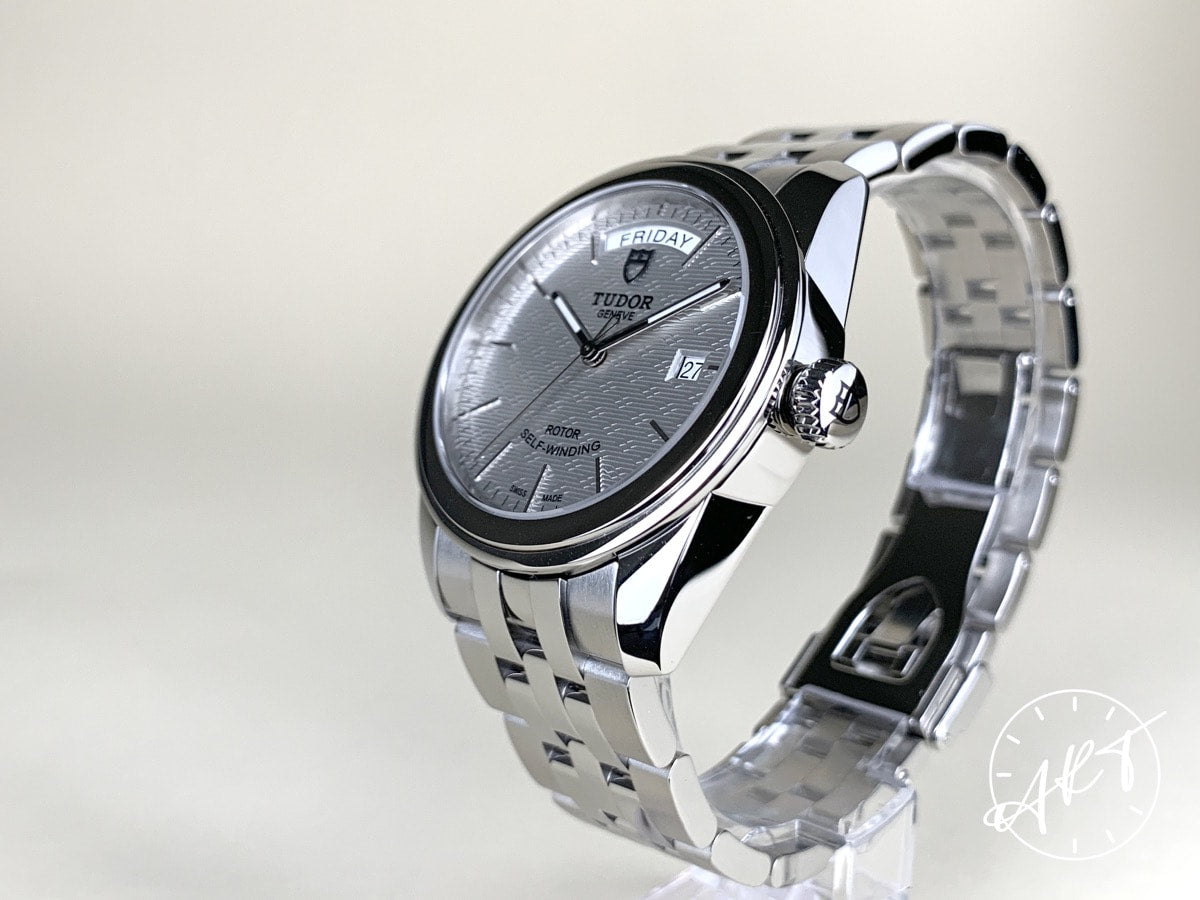 NEW Tudor Glamour Day-Date Silver Jacquard Dial SS Auto Watch 56000-0003 w/ B&P