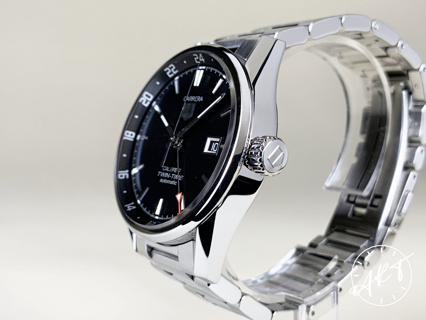 Tag Heuer Carrera Cal 7 Twin Time Black Dial SS Auto Watch WAR2010 w/ B&P