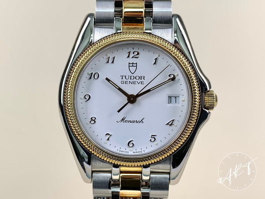 1991 Tudor Monarch White Dial Two-Tone Gold & SS Quartz Watch 15733 w/ Paper