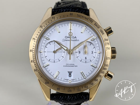 Omega Speedmaster '57 Cal 9301 Chrono Silver Dial Gold 18K Gold Auto Watch w/ BP