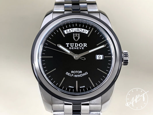 Tudor Glamour Day-Date Black Dial Stainless Steel Auto Watch 56010N in FULL SET
