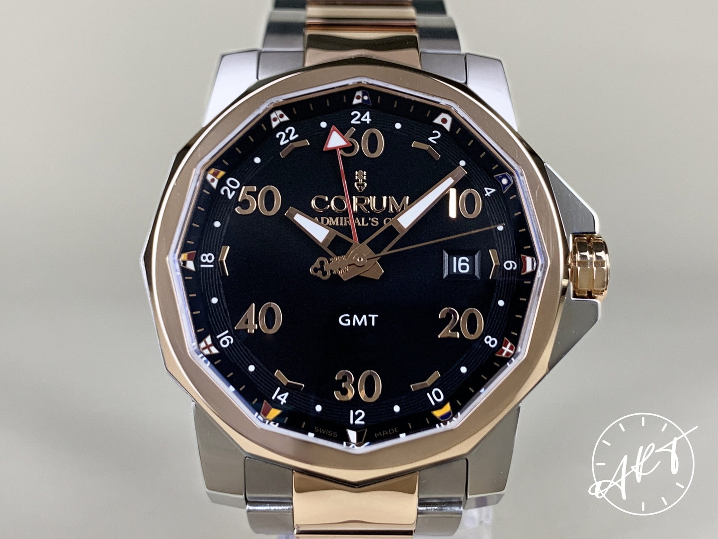 Corum Admiral's Cup GMT RG Bezel Black Dial 18K RG & SS Watch BP