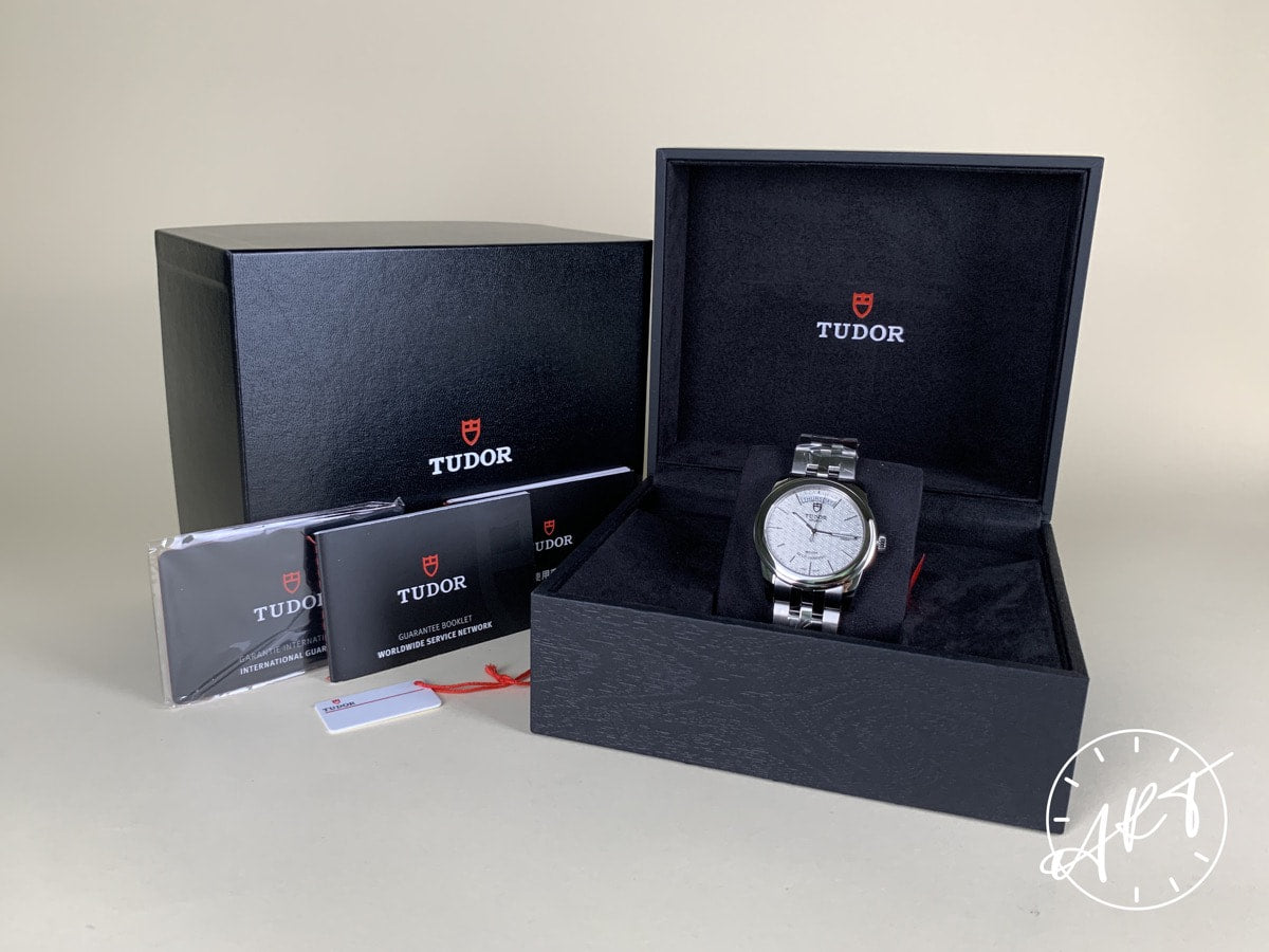 NEW Tudor Glamour Day-Date Silver Jacquard Dial SS Auto Watch 56000-0003 w/ B&P
