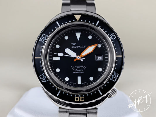 Vintage 1980s Squale 101 ATMOS Black Dial Stainless Steel Automatic Watch w/ B&P