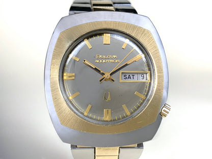 Vintage 1974 Accutron Day-Date Silver Dial Gold Plated SS Tuning Fork Watch