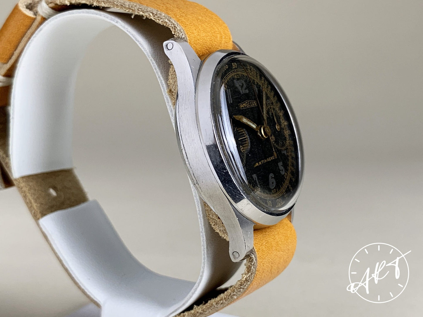 Vintage 1940s Angelus WWII Chronograph Black Gilt Dial SS Manual Military Watch