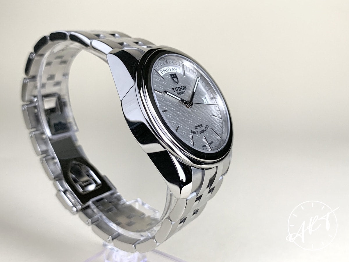 NEW Tudor Glamour Day-Date Silver Jacquard Dial SS Auto Watch 56000-0003 w/ B&P