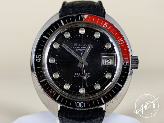 Vintage 1969 Bulova Oceanographer Snorkel 666 Black & Red Bezel Black Dial Watch