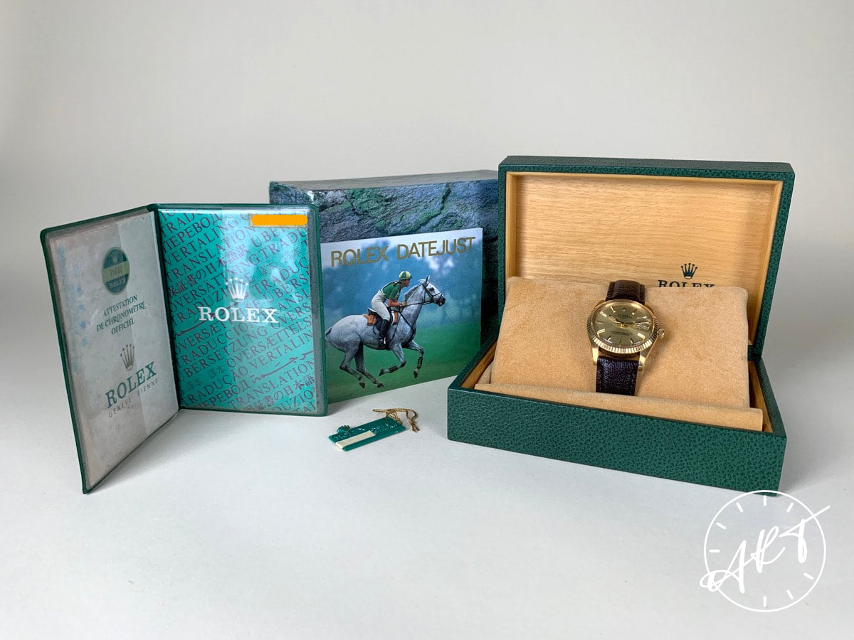 1982 Rolex Oyster Perpetual Date Gold Dial 18K Gold Auto Watch 15038 in FULL SET