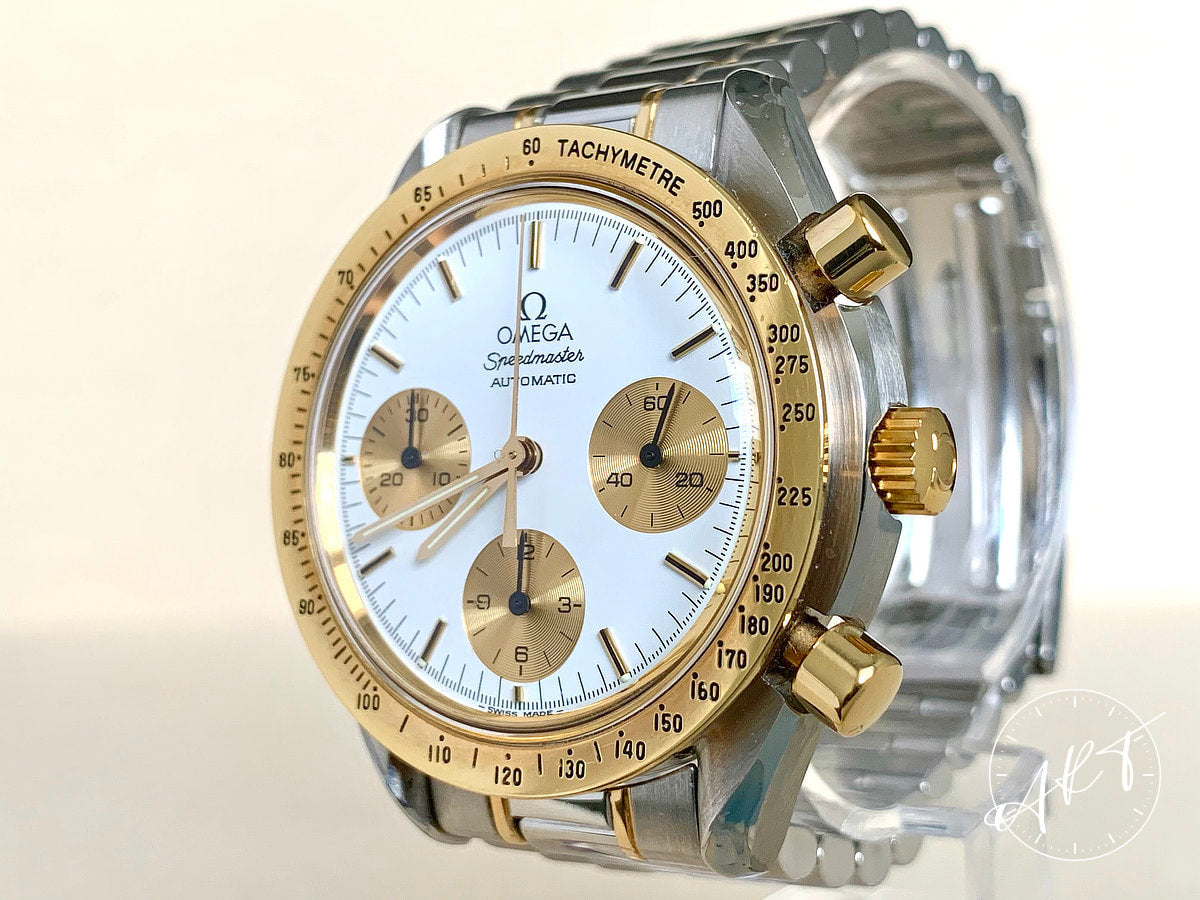 NOS Omega Speedmaster White Dial 18K Gold & SS Watch 175.00.33 BP + Receipt
