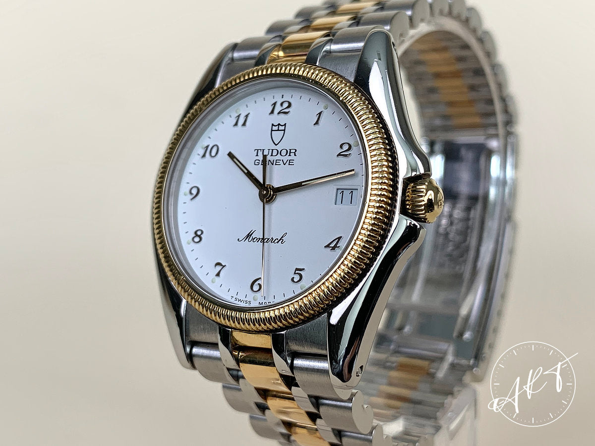 1991 Tudor Monarch White Dial Two-Tone Gold & SS Quartz Watch 15733 w/ Paper