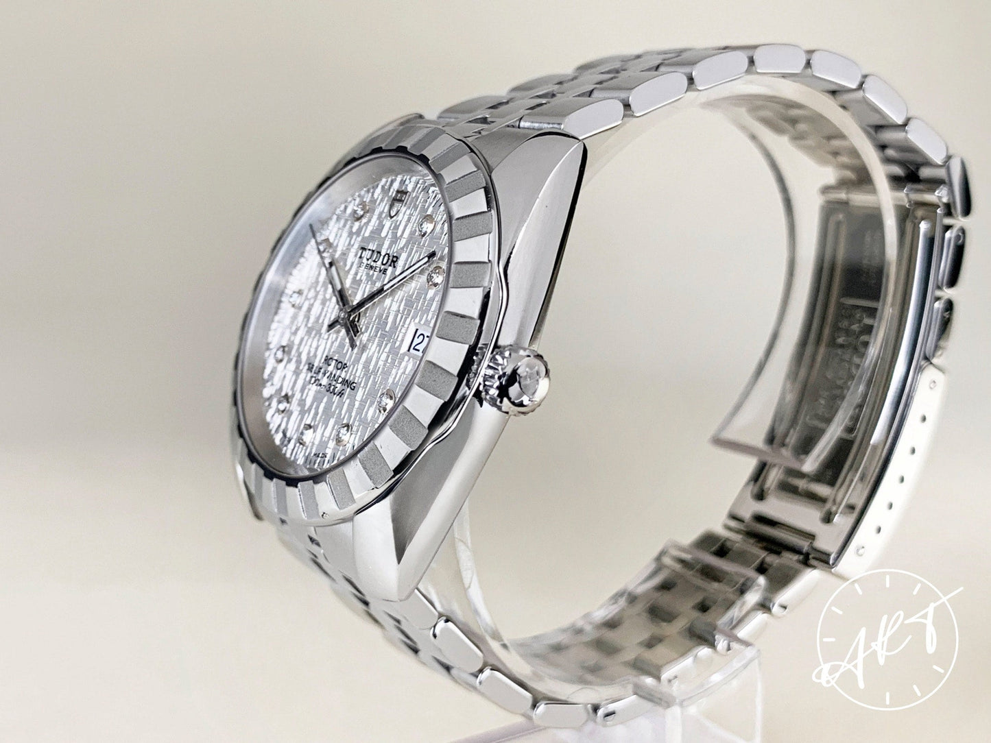 Tudor Classic Date Silver Linen Diamond Dial SS Auto Watch 21010 w/ B&P