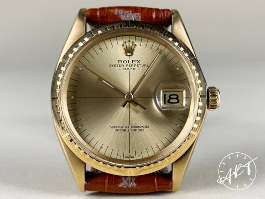 Vintage 1972 Rolex Oyster Perpetual Date Gold Dial “Zephyr” 14K Gold Watch 1512