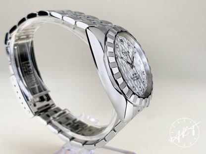 Tudor Classic Date Silver Linen Diamond Dial SS Auto Watch 21010 w/ B&P