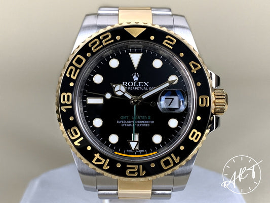 2013 Rolex GMT-Master II Gold Bezel Black Dial 18K Gold & SS Watch 116713LN BP