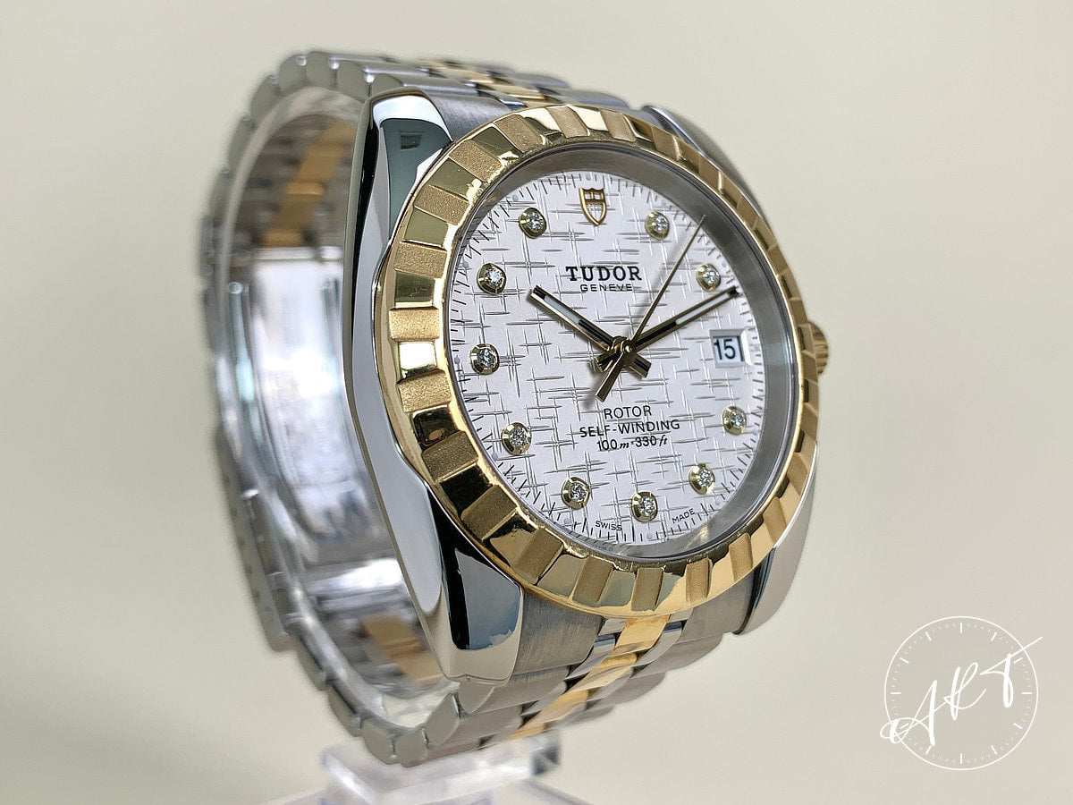 2015 Tudor Classic Date Silver Diamond Dial 18K Gold & SS Watch 21013 w/ Paper