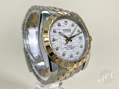 2015 Tudor Classic Date Silver Diamond Dial 18K Gold & SS Watch 21013 w/ Paper