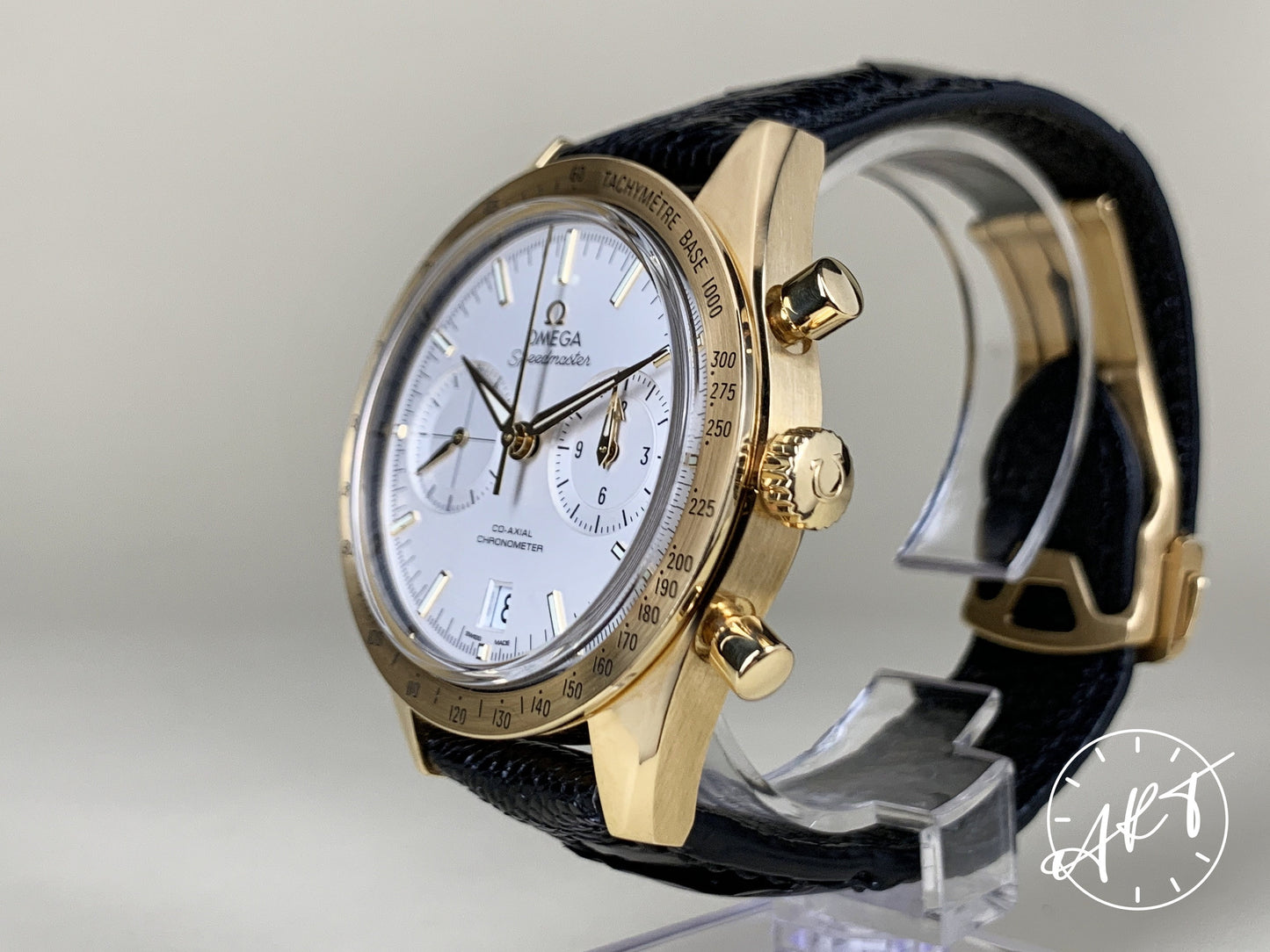 Omega Speedmaster '57 Cal 9301 Chrono Silver Dial Gold 18K Gold Auto Watch w/ BP