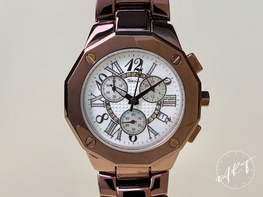 Savina Rhine Stone Chronograph Mother of Pearl Dial SS Quartz Watch w/ B&P