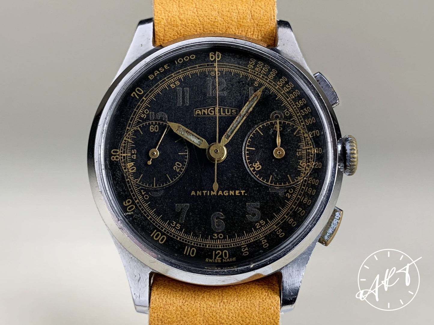 Vintage 1940s Angelus WWII Chronograph Black Gilt Dial SS Manual Military Watch