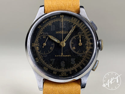 Vintage 1940s Angelus WWII Chronograph Black Gilt Dial SS Manual Military Watch