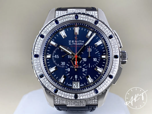 Zenith El Primero Flyback Chrono FACTORY DIAMOND Blue Dial Stratos Watch w/Box