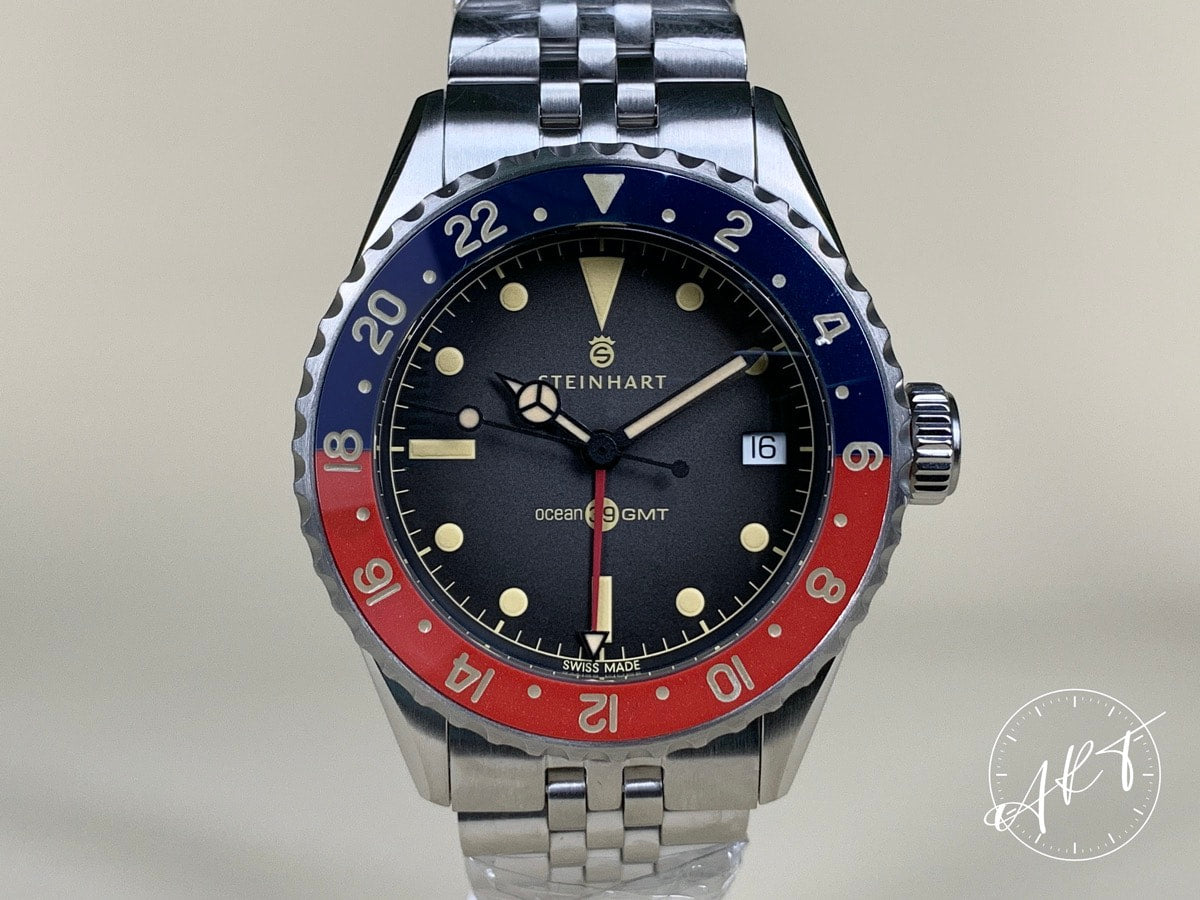 NEW Steinhart Ocean 39 Vintage GMT Black Dial SS Hong Kong Ltd Diver Watch BP