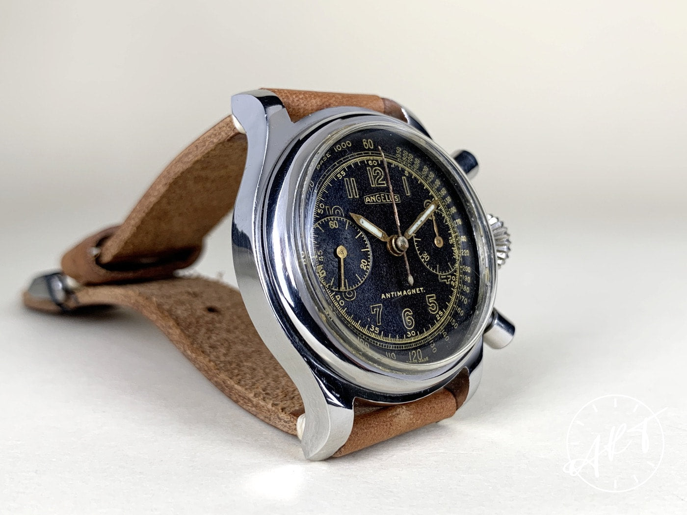 Vintage 1940s Angelus Chronograph Black Gilt Dial SS Manual Military Watch