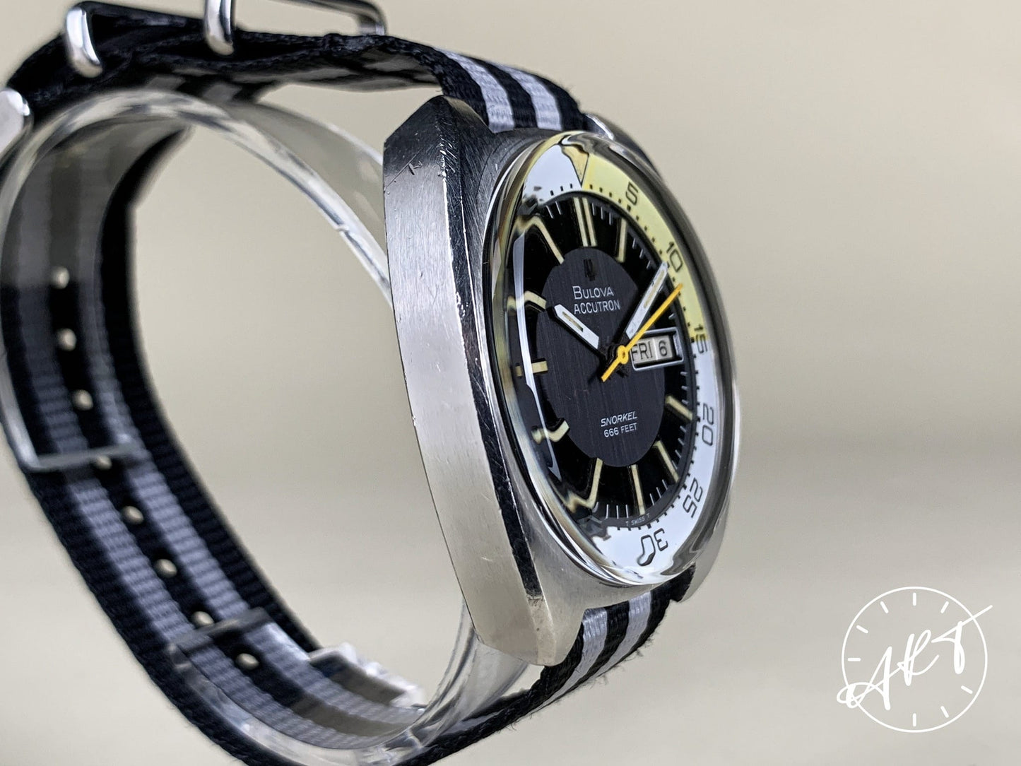 1970s Accutron Snorkel Yellow & White Bezel Multicolor Dial Tuning Fork Watch