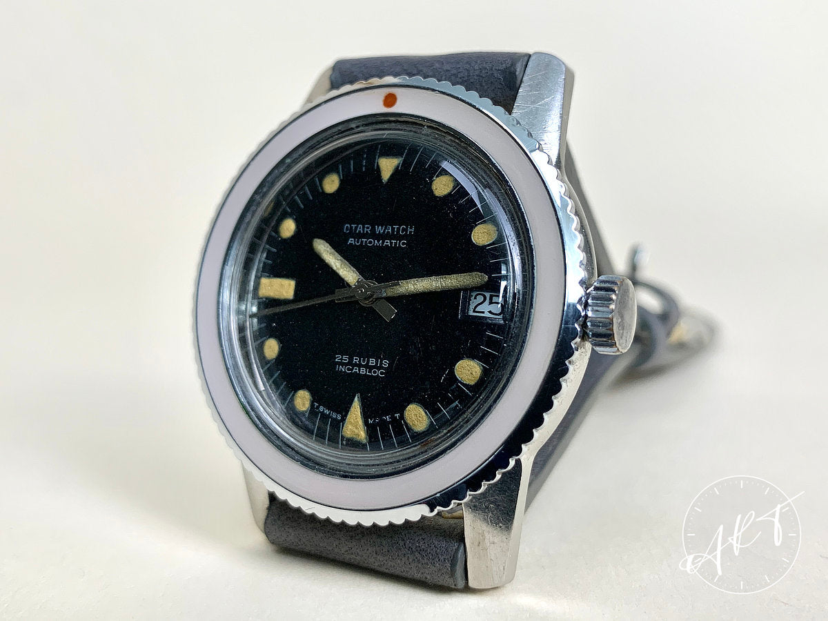 Vintage 1960s Otar White Cream Bezel Black Dial Stainless Steel Automatic Watch