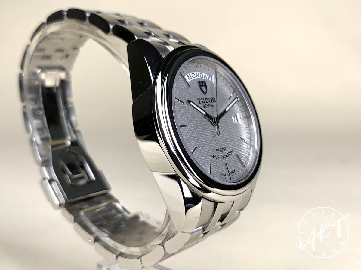 NEW Tudor Glamour Day-Date Silver Jacquard Dial SS Auto Watch 56000-0003 w/ B&P
