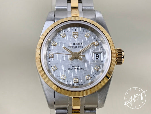 NEW Tudor Princess OysterDate Linen Diamond Dial 18K Gold & SS Watch 92413 BP