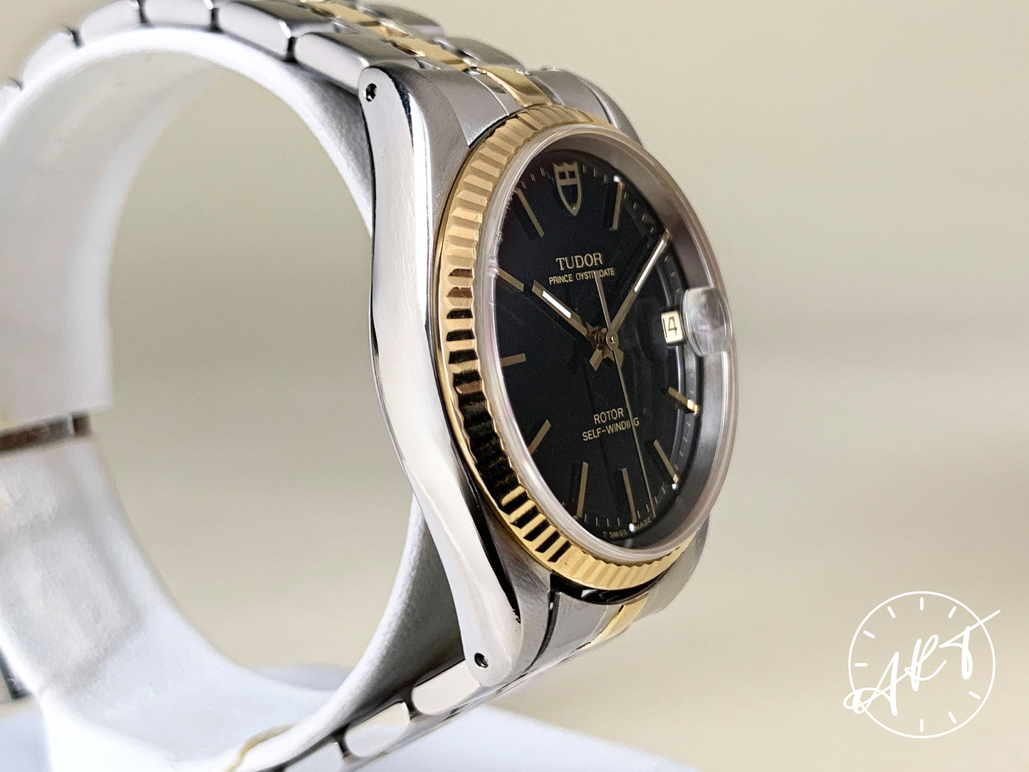 Tudor Prince OysterDate Gold Bezel Black T Dial 18K Gold & SS Ladies Watch 72033