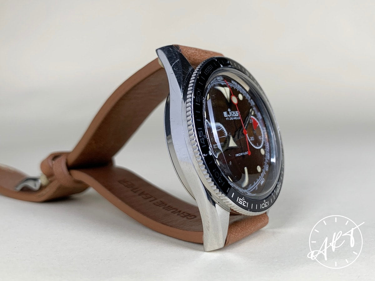 Vintage Le Jour Val 7733 Chrono Brown TROPICAL DIAL SS Manual Pilot Watch w/ B&P
